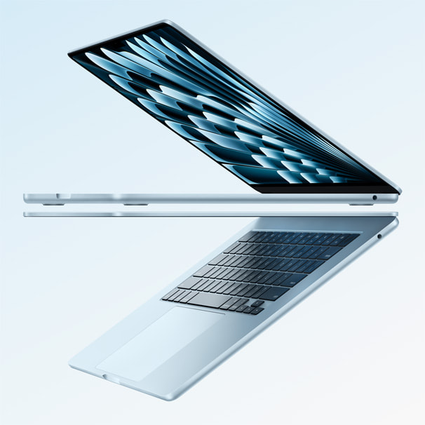 Two Sky Blue MacBook Air laptops with the M4 chip
